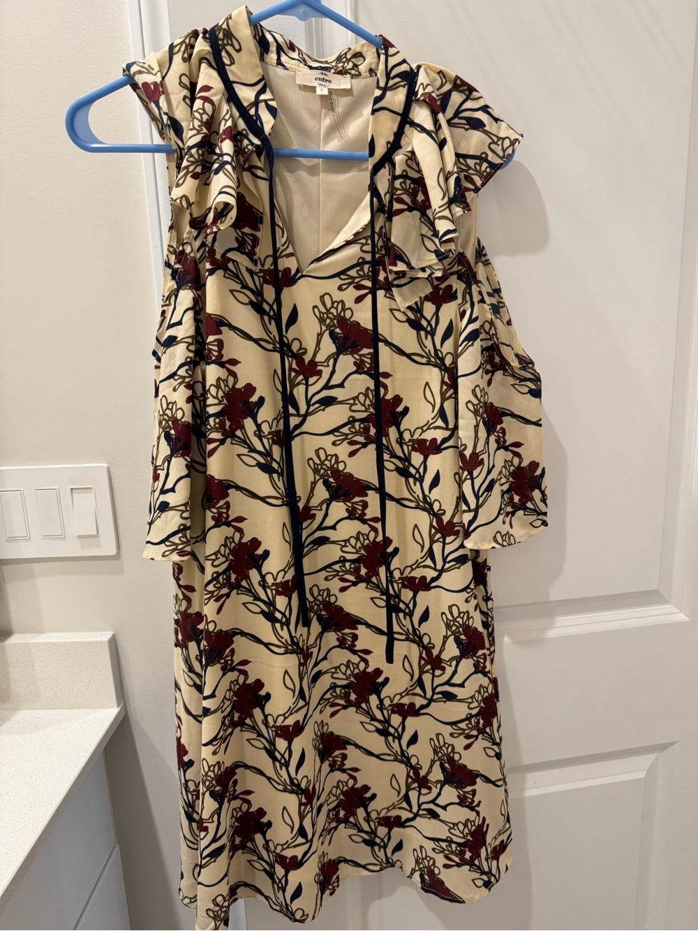 entro Cream Floral Midi Dress with Navy & Burgundy Branch Print